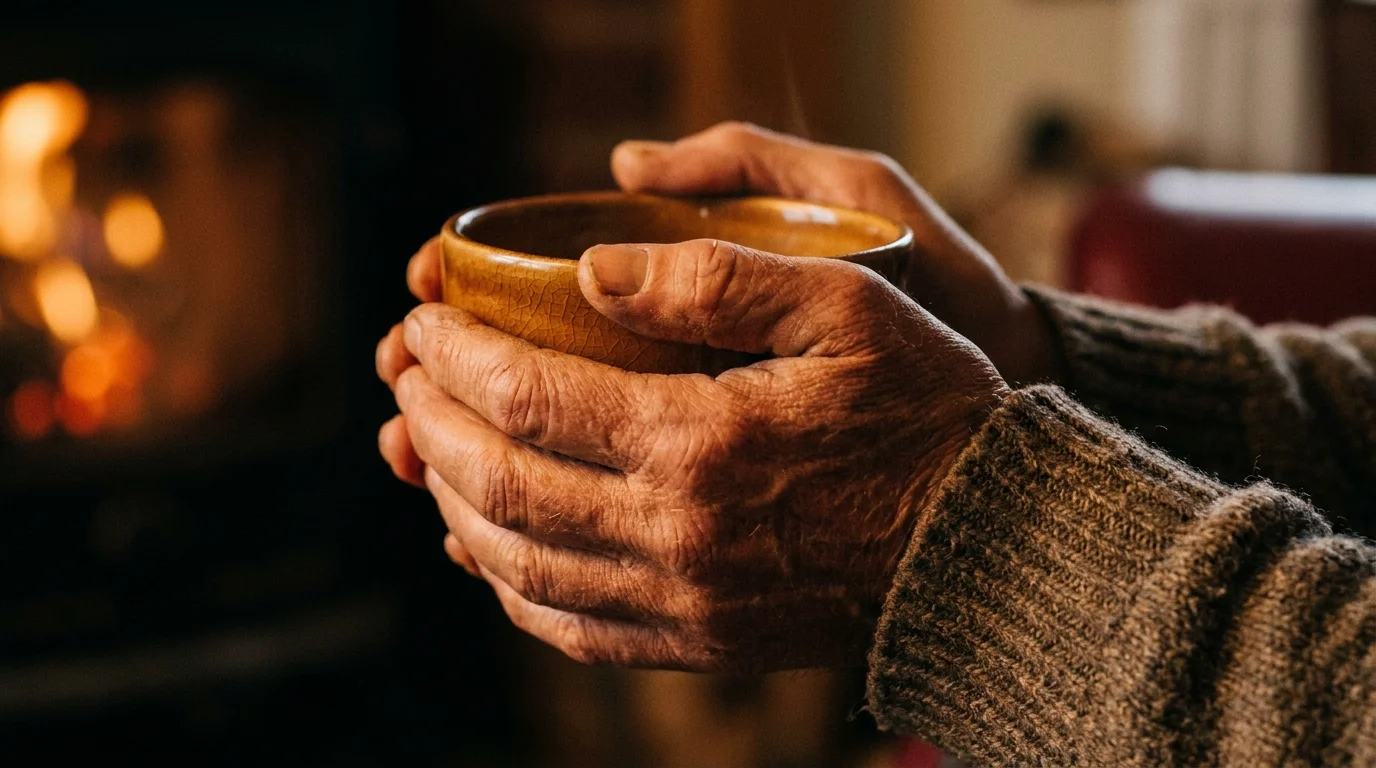 A close-up of two pairs of mature hands holding a warm ceramic bowl together, symbolizing protection and mutual support.