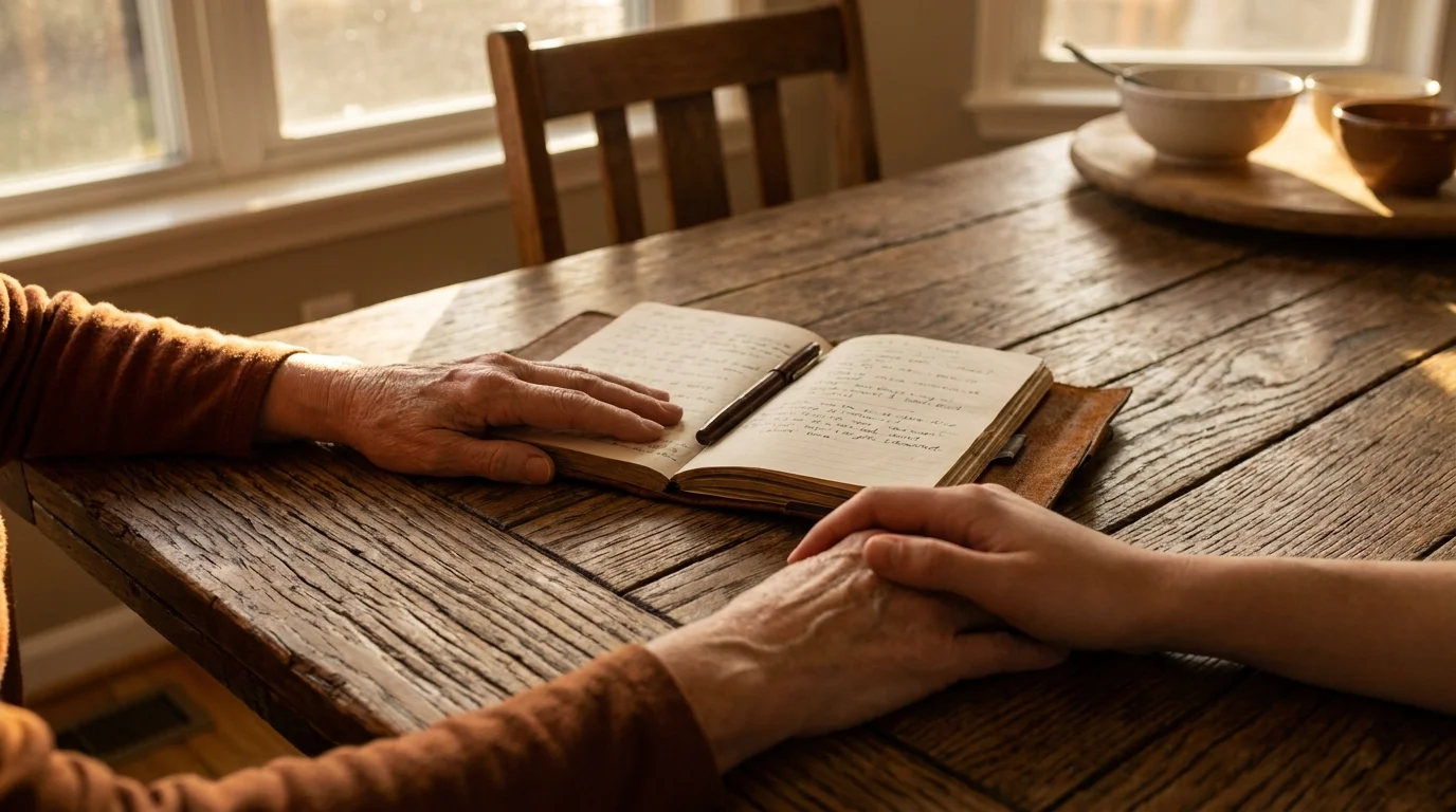 A close-up photo of two hands touching on a wooden table in warm sunlight, symbolizing intentional emotional connection.