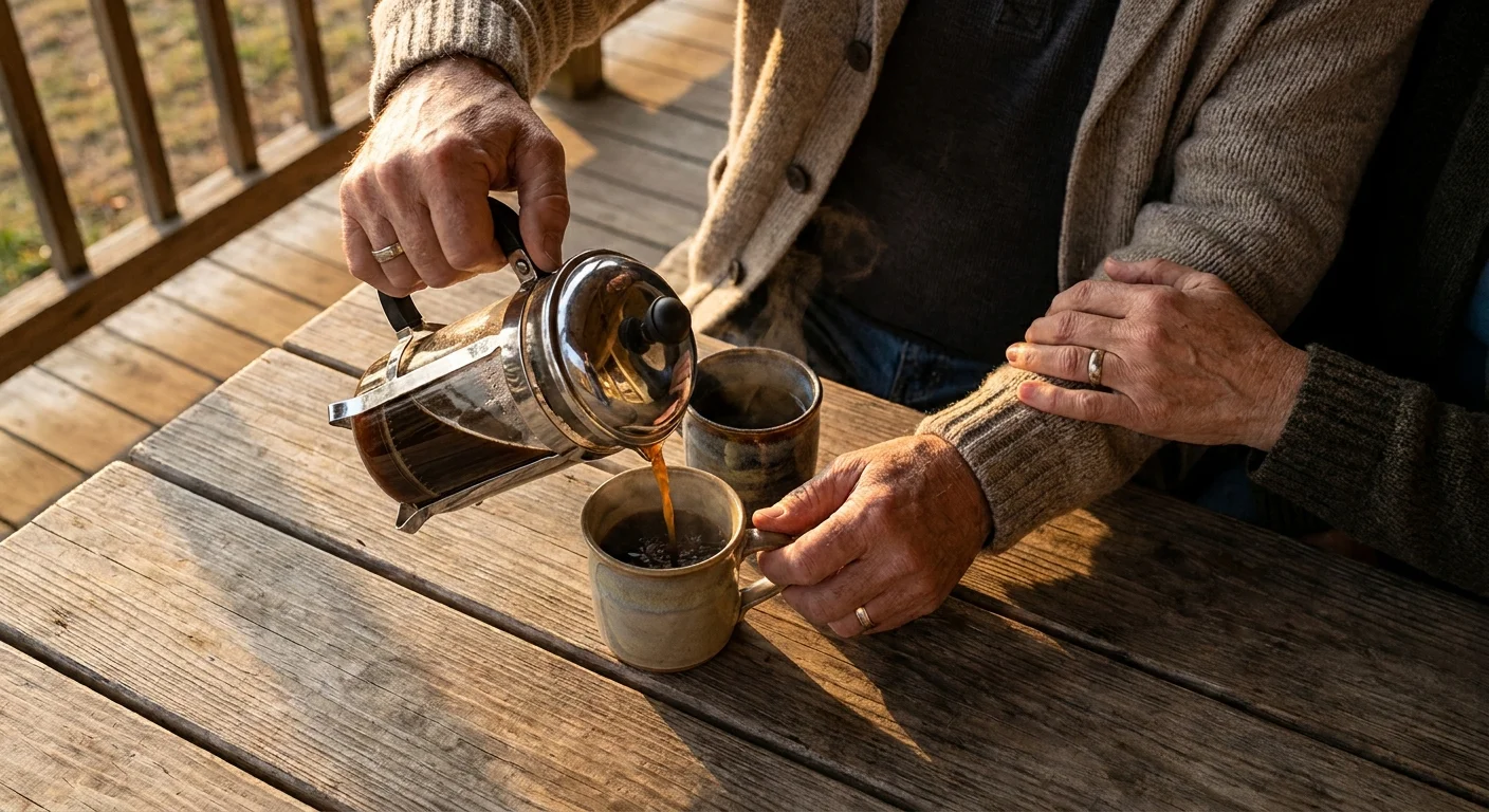A close-up photograph of a couple's hands sharing coffee on a wooden porch table during a golden sunset.