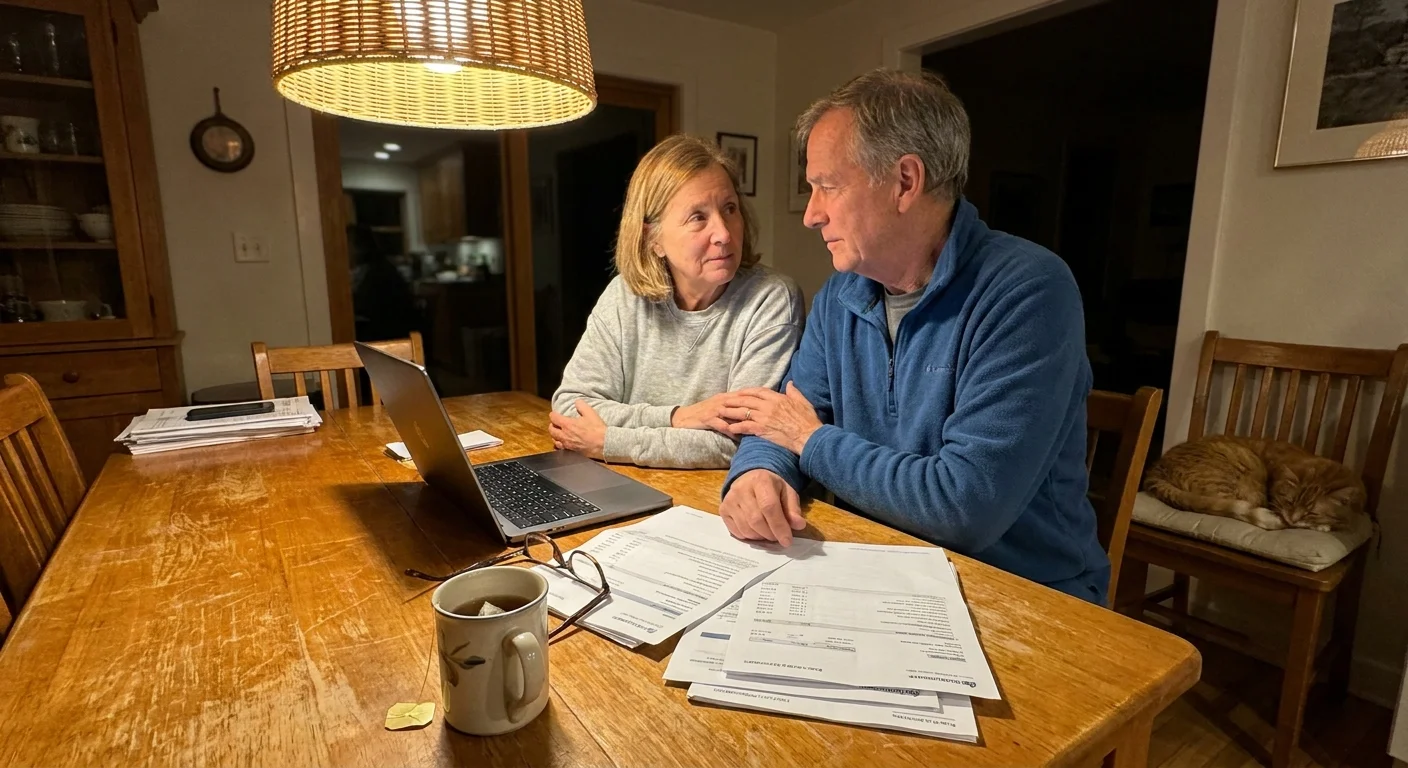 A couple sits at a kitchen table with financial papers, looking at each other with trust and connection rather than stress.