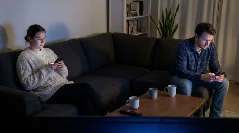 A couple sits on opposite ends of a dark sofa at night, distracted by their glowing smartphones, showing emotional distance.
