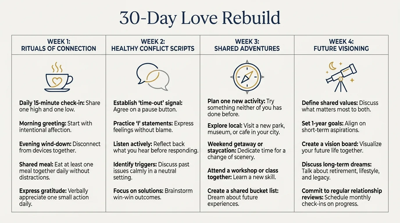 A horizontal infographic outlining a four-week plan for relationship rebuilding, focusing on rituals, conflict, adventure, and the future.