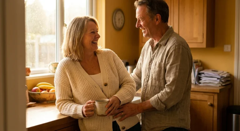 A mature couple laughs together in a sunlit kitchen, showing comfort and long-term intimacy through a gentle touch and shared gaze.