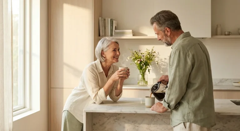 A mature couple shares a warm, quiet moment in a sunlit kitchen, signifying their new beginning after children have moved out.