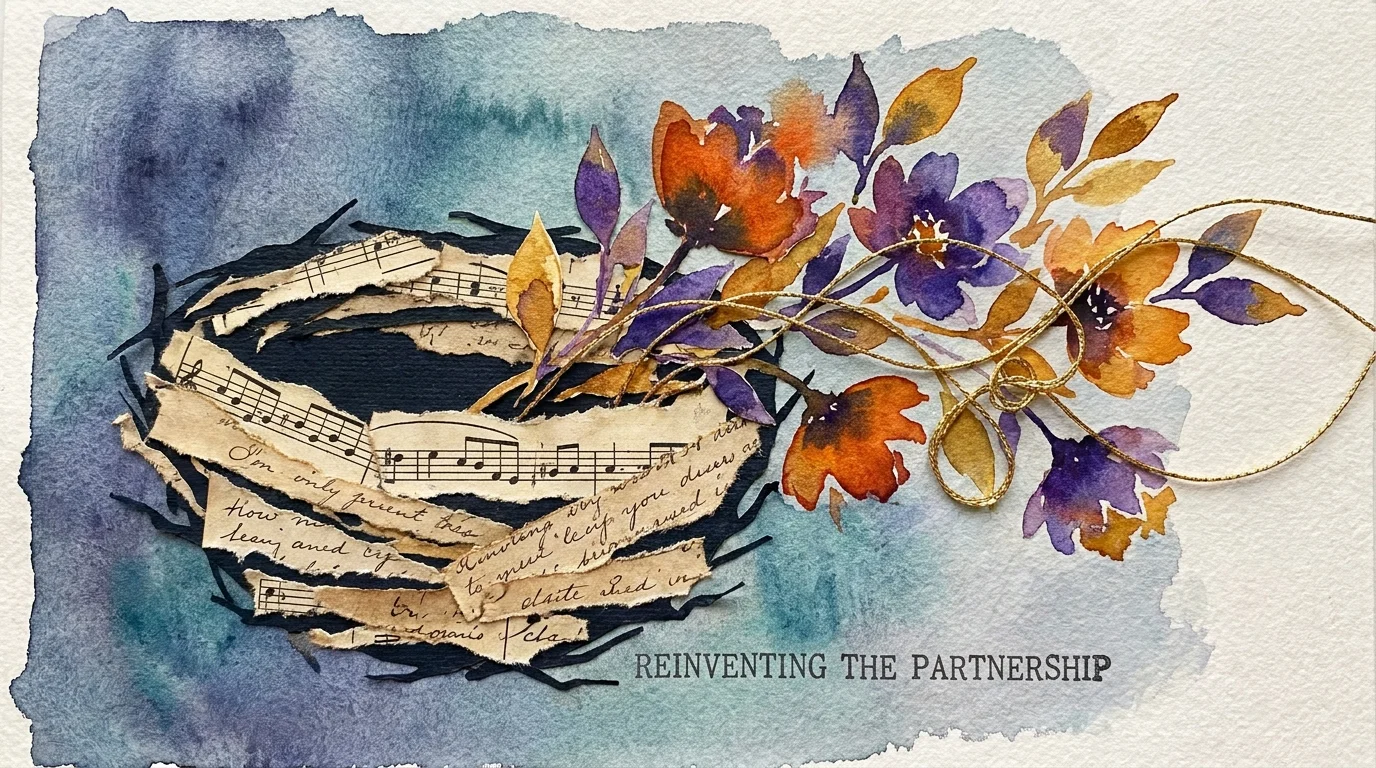 A mixed-media collage of a nest filled with blooming flowers and intertwined gold threads, symbolizing growth and connection.