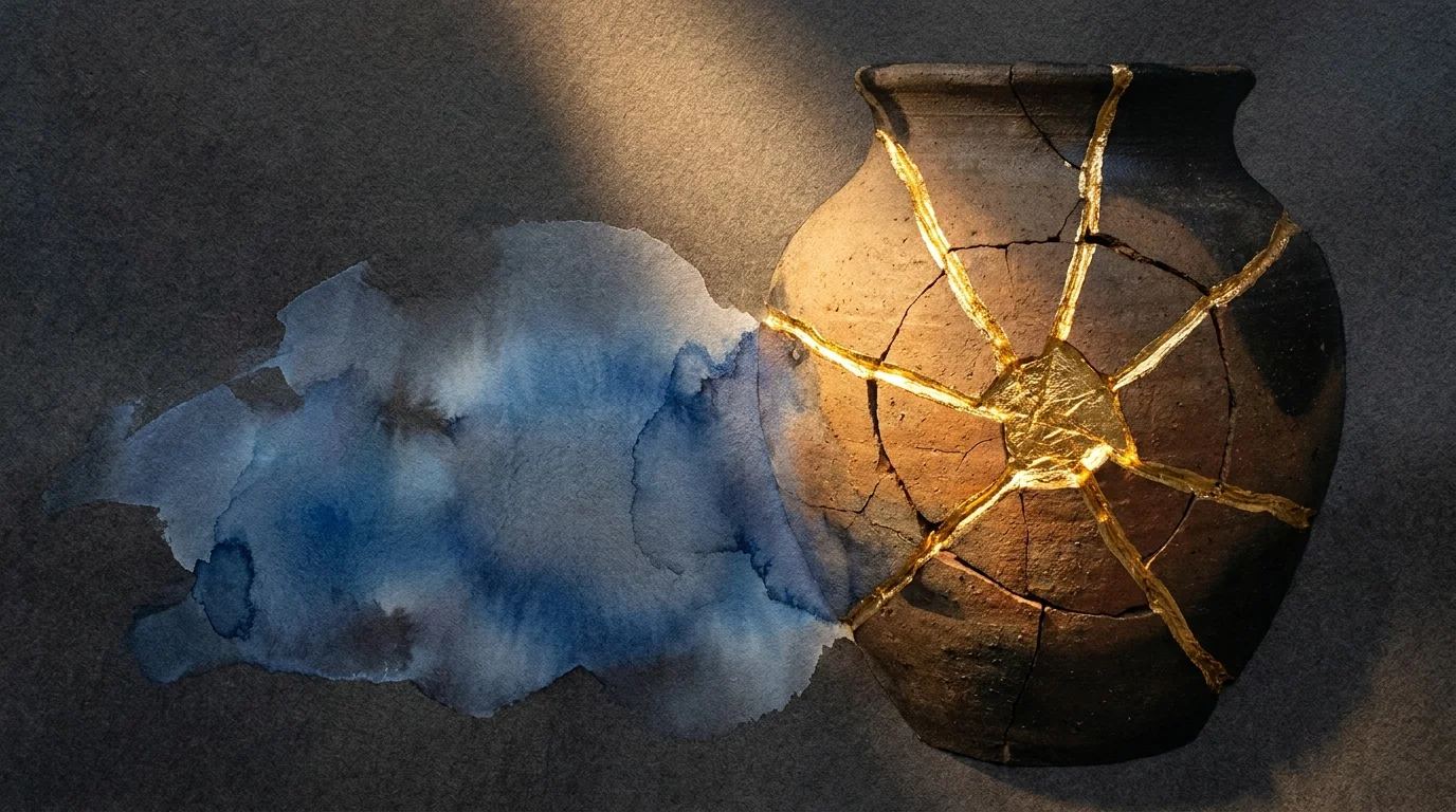 A symbolic image of a vessel repaired with gold seams, representing the strength and beauty found in professional relationship repair.