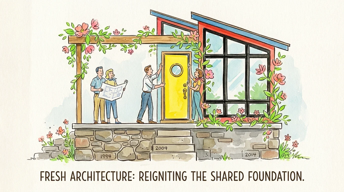 An illustration of a couple building a new, modern floor onto a stone house foundation labeled with past decades.
