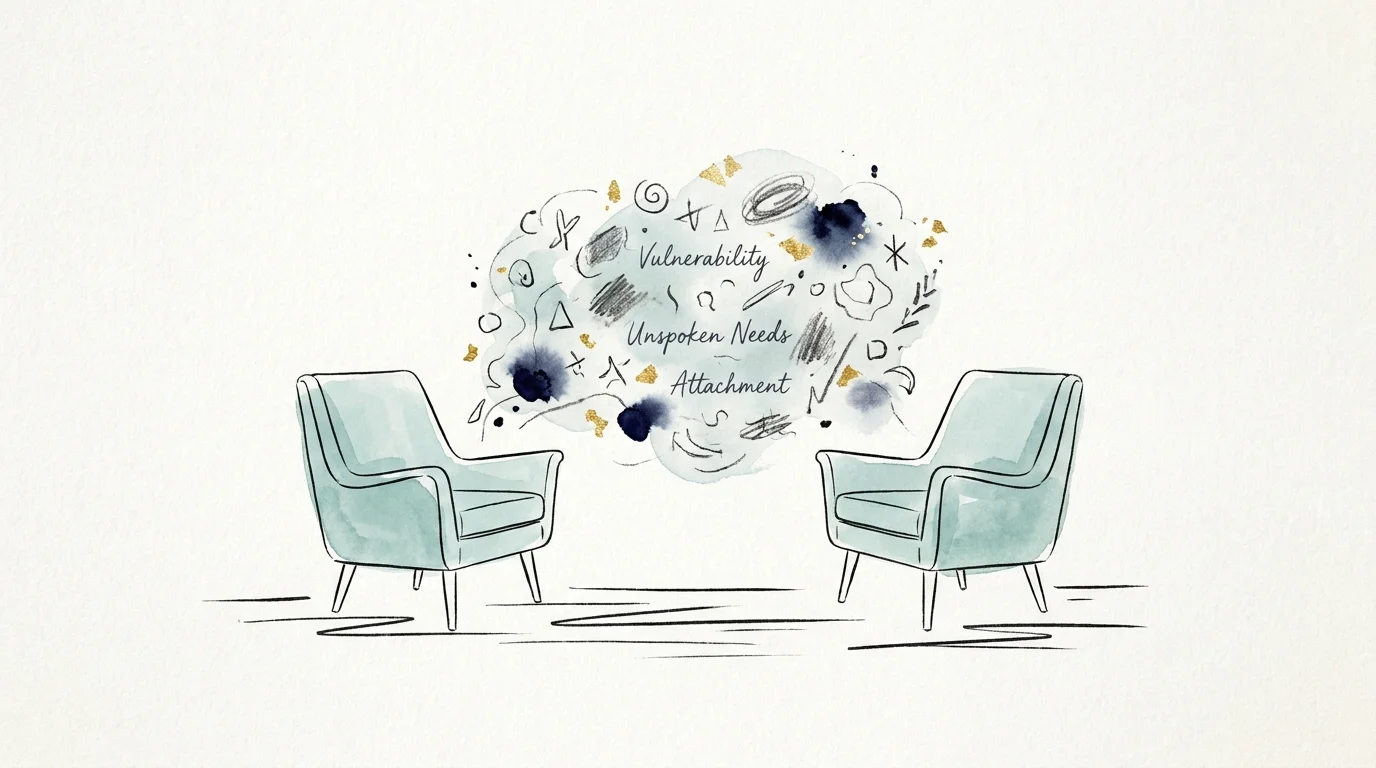 An illustration of two chairs facing each other with a cloud of abstract shapes and words like 'Vulnerability' floating between them.