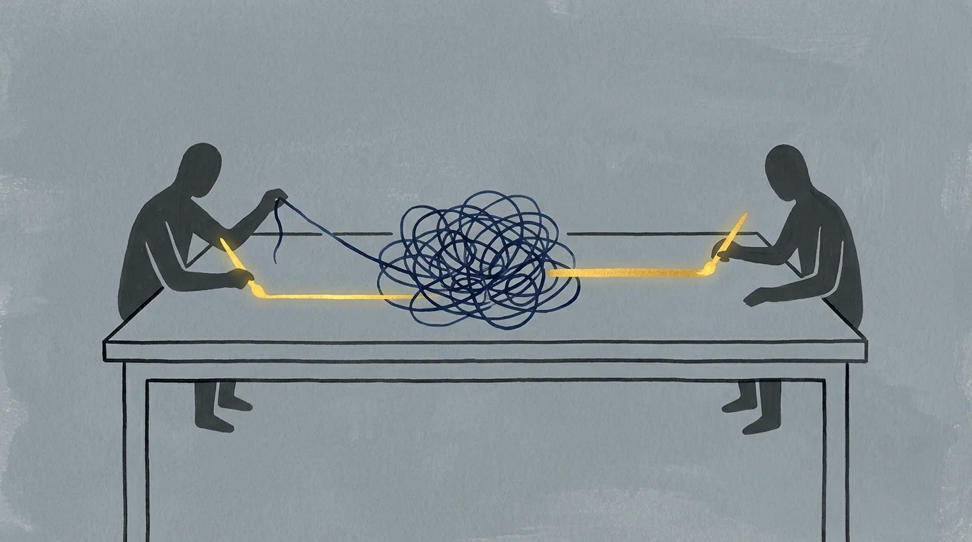 An illustration showing two figures untangling a messy knot of lines and turning them into a single, straight golden path.
