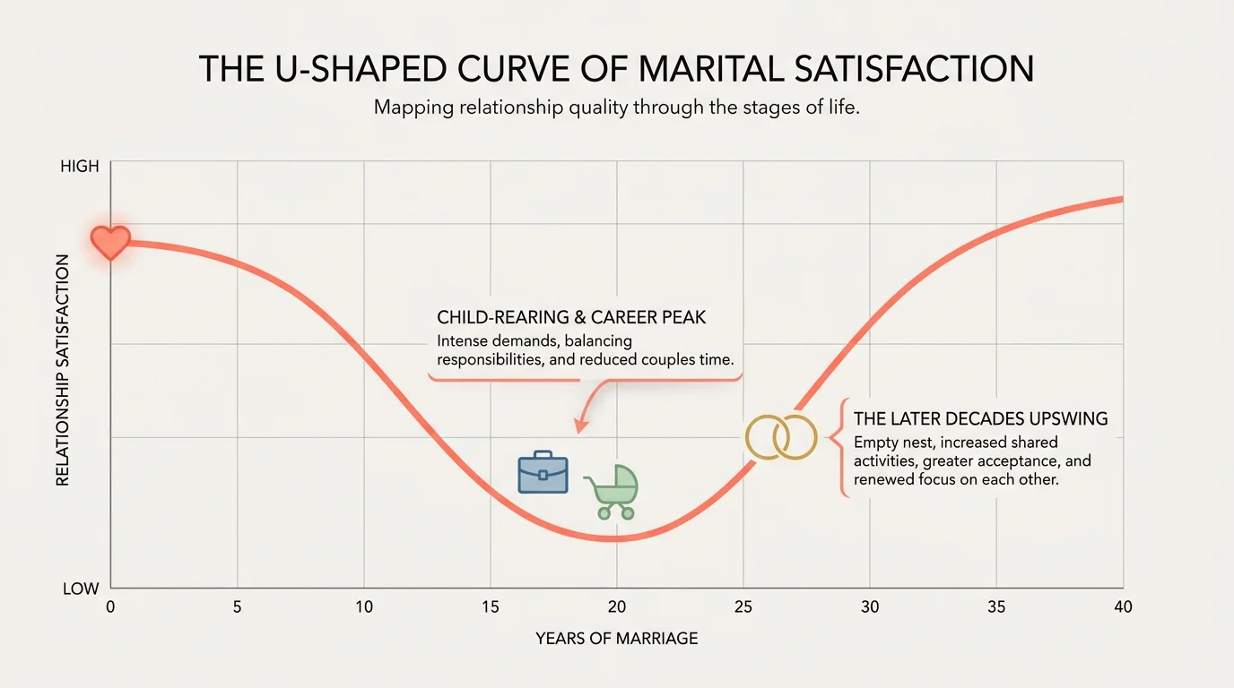 An infographic showing a U-shaped graph where relationship satisfaction dips during mid-career and parenting years before rising after 30 ye