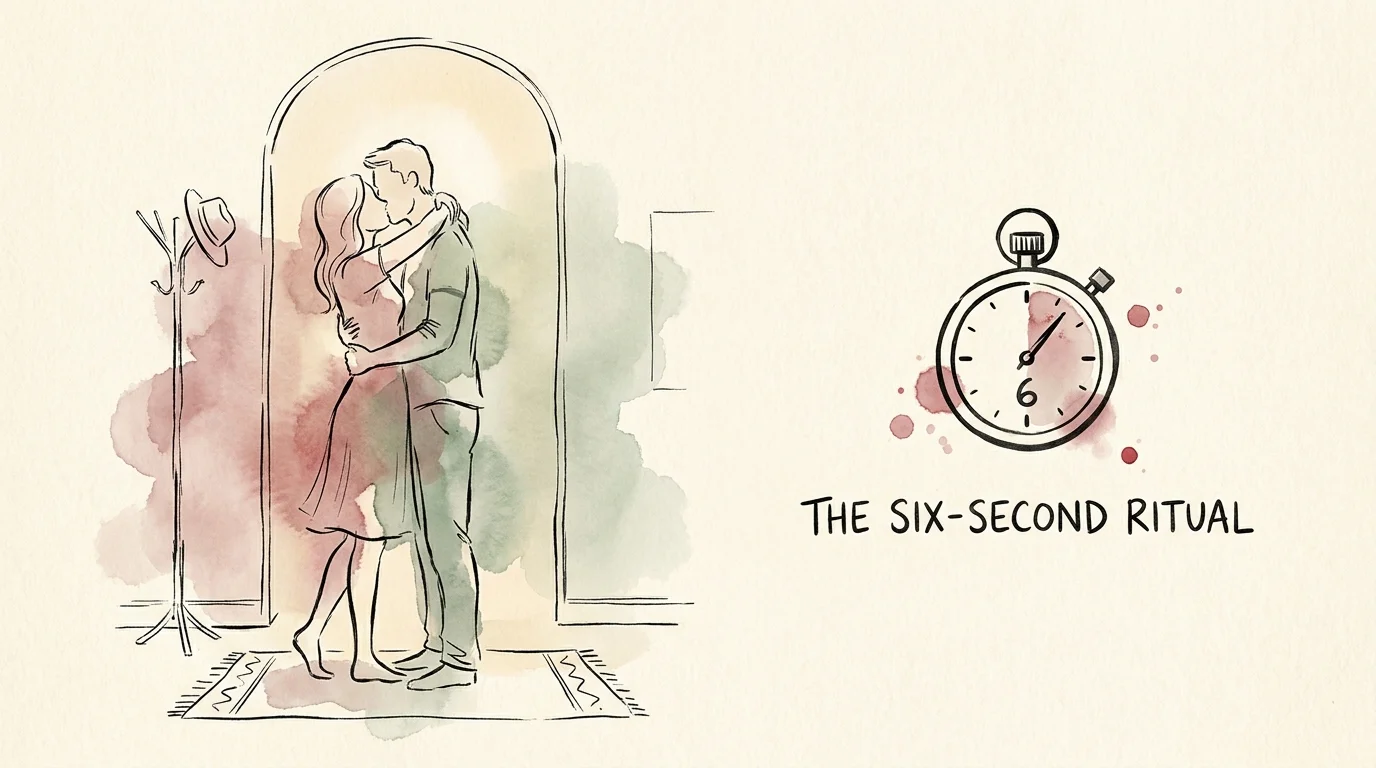 An ink and watercolor illustration of a couple sharing a long kiss next to a stopwatch showing the number six.