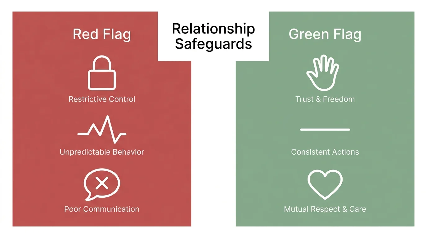 A balanced infographic comparing red flags like 'closed communication' with green flags like 'openness.'