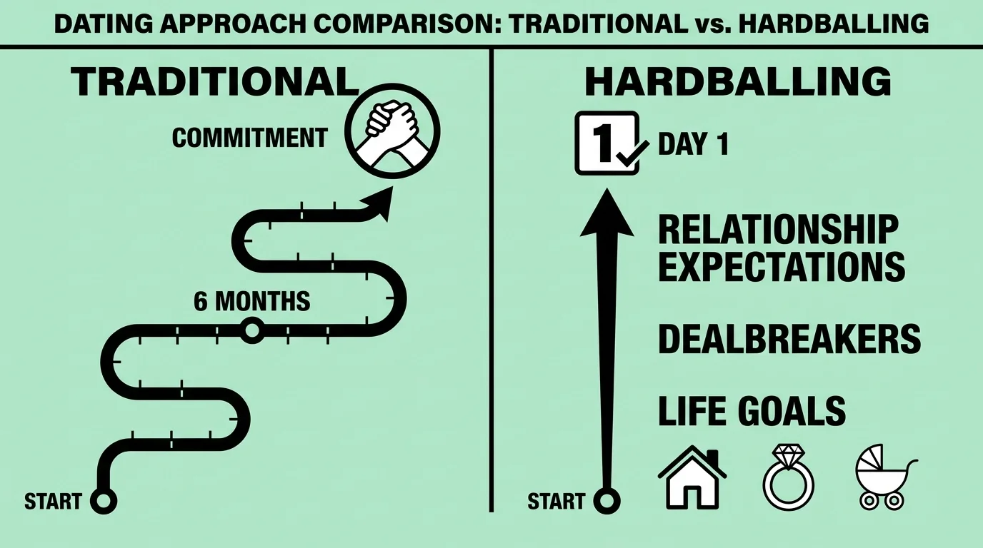 A chart comparing a traditional 6-month relationship timeline to the 'hardballing' approach of stating goals on Day 1.