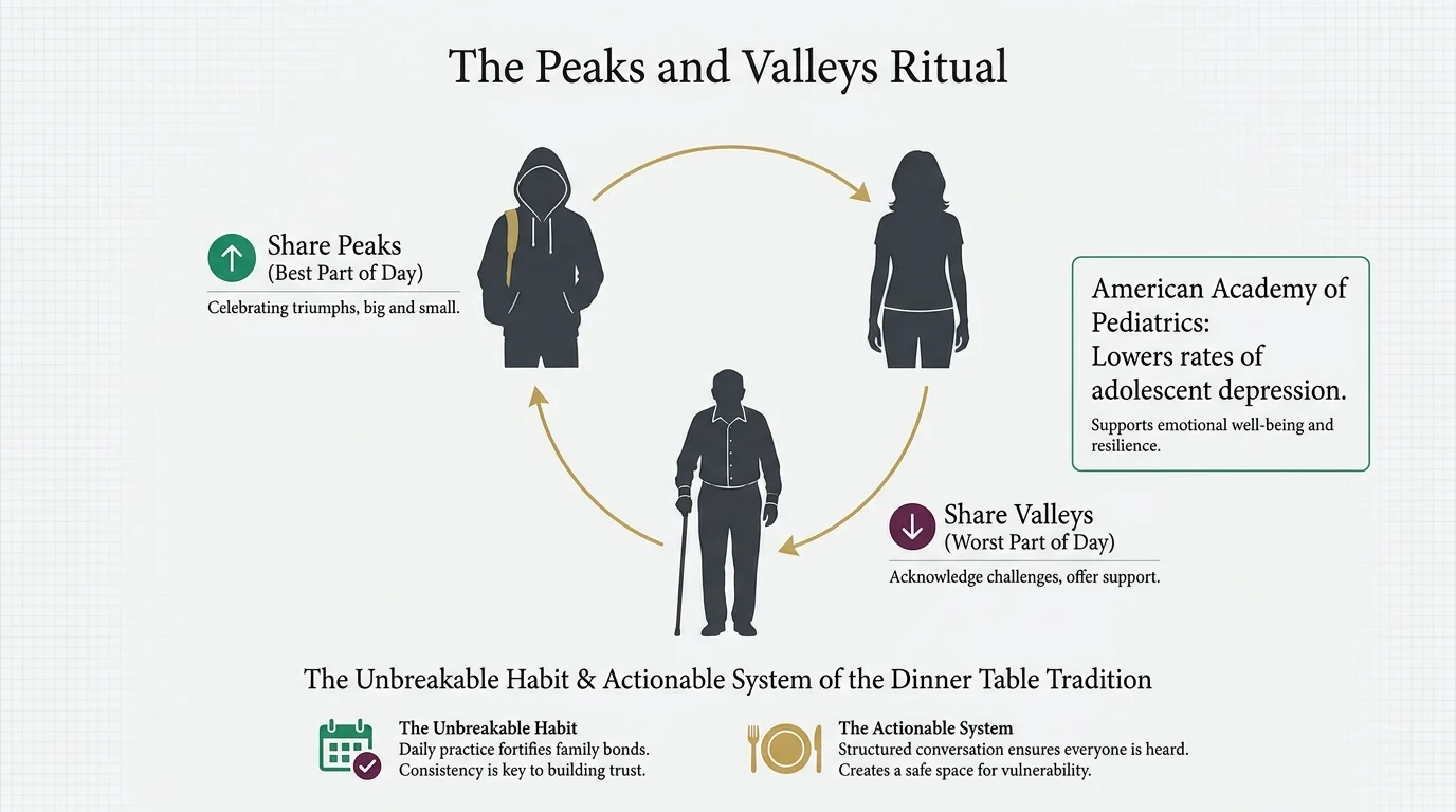 A clean infographic illustrating the 'Peaks and Valleys' dinner ritual and its benefits for adolescent mental health.