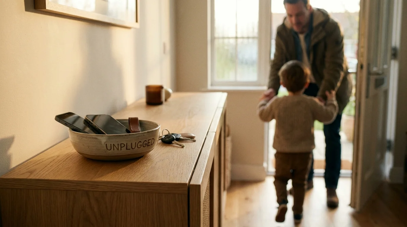 A close-up of a bowl on an entryway table holding smartphones, with a blurred family reunion in the background.
