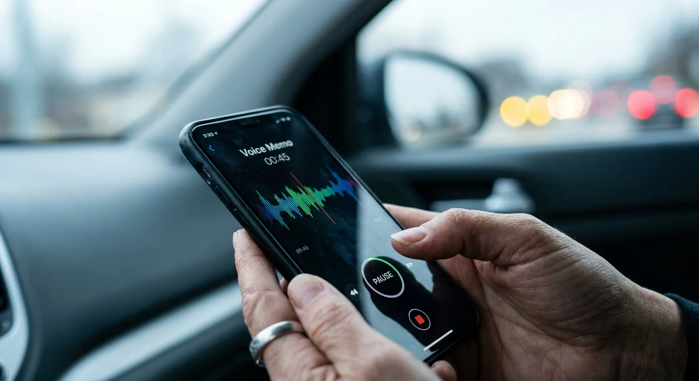 A close-up of a hand holding a phone showing a voice memo waveform, representing an audio journal.