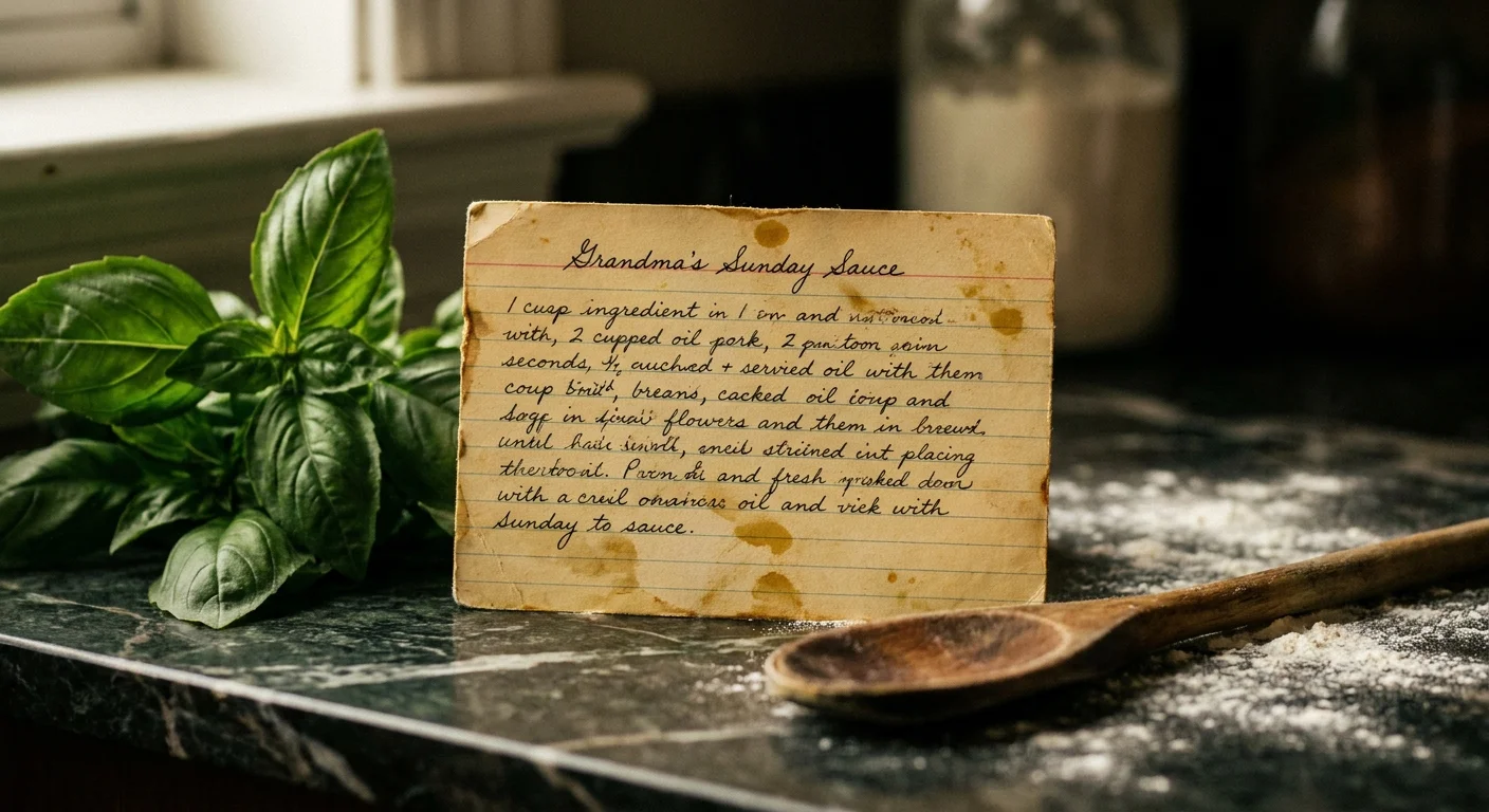 A close-up of a handwritten vintage recipe card on a kitchen counter with fresh basil.