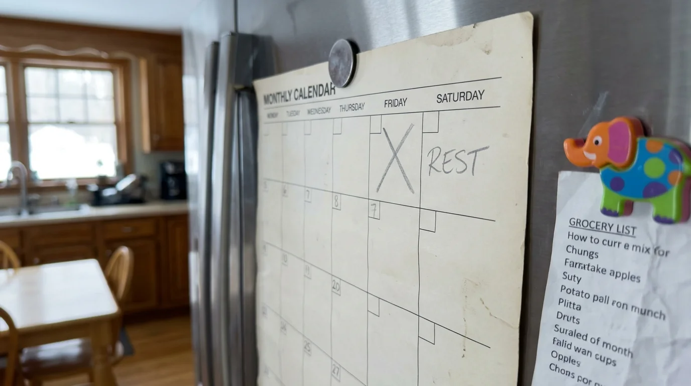 A close-up of a wall calendar on a fridge with the word 'REST' written in a Saturday box that has been crossed out.