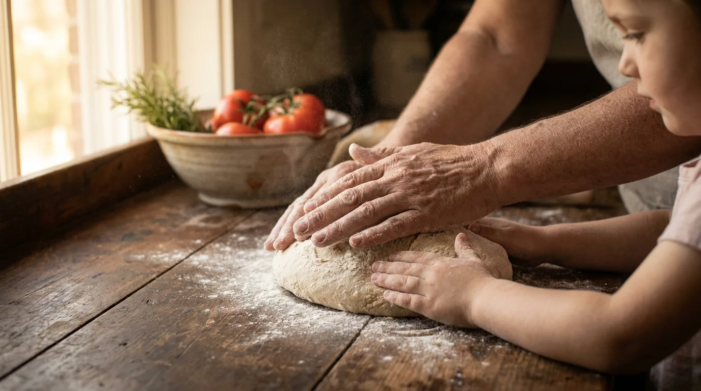 A close-up of an adult and child's hands kneading dough together on a wooden kitchen counter.