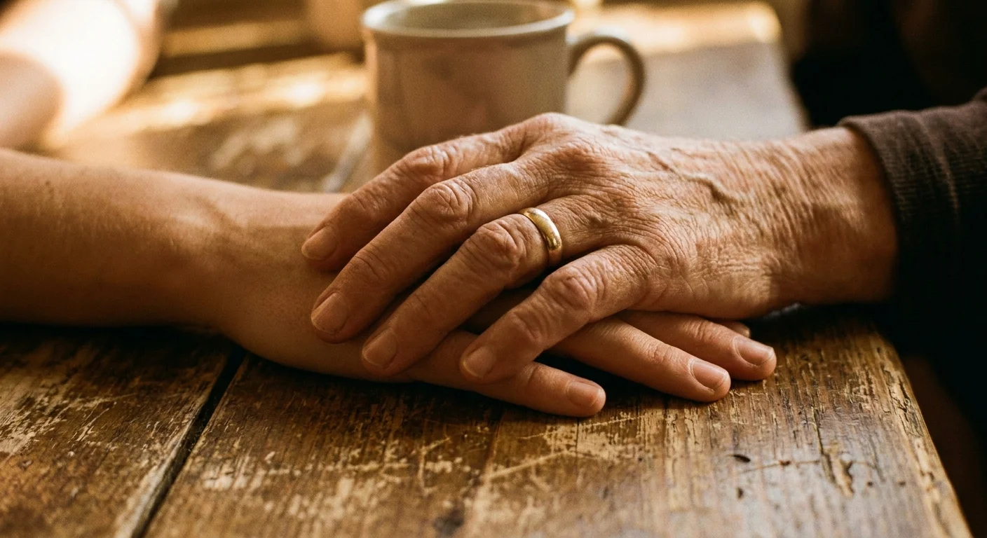 A close-up of an older hand resting supportively on a younger hand on a wooden table.