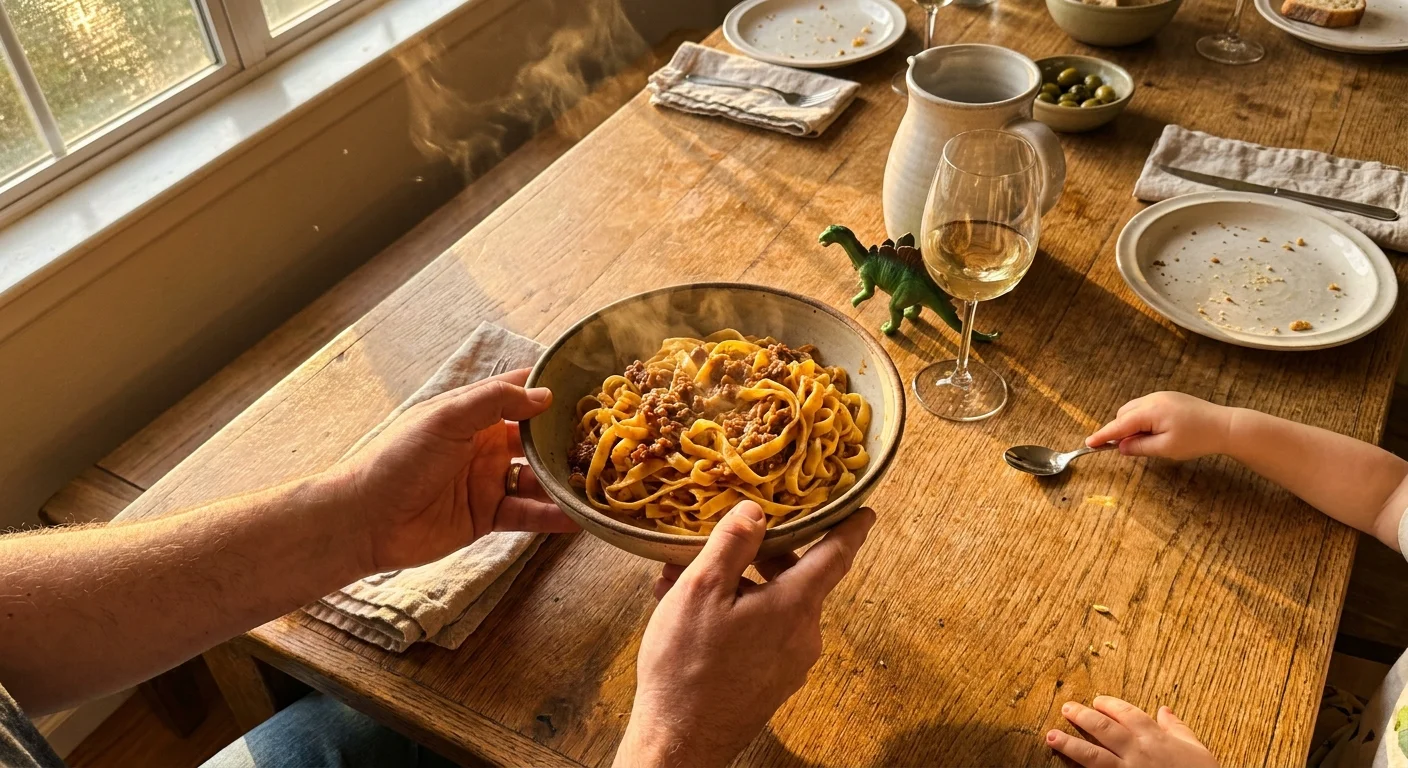 A close-up of hands passing food and napkins at a dinner table, showing the unspoken coordination of a family.