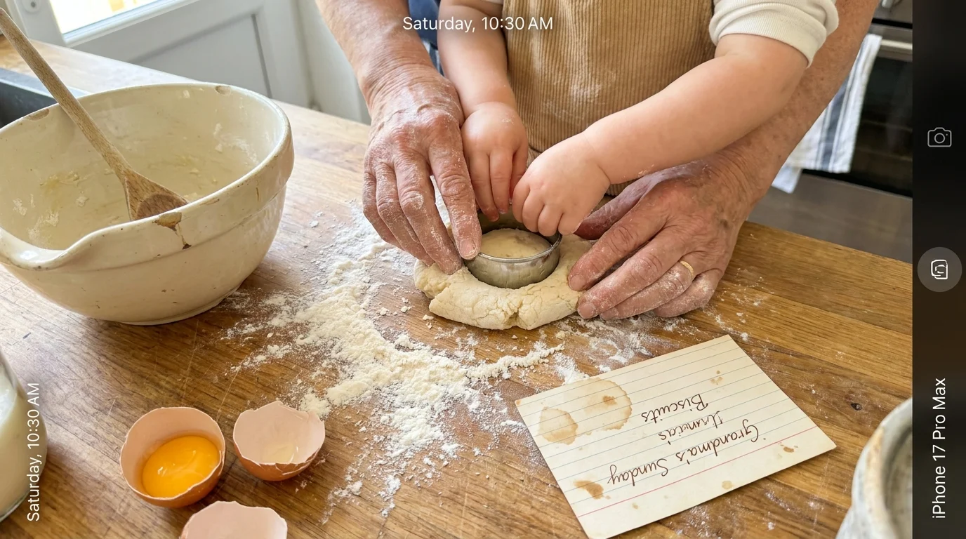 A close-up photo of a grandmother's hands teaching a child how to cut biscuit dough on a flour-covered kitchen counter.