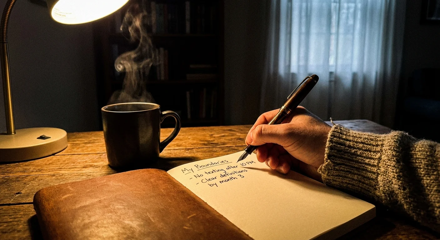 A close-up photo of a hand writing relationship boundaries in a journal next to a cup of tea.
