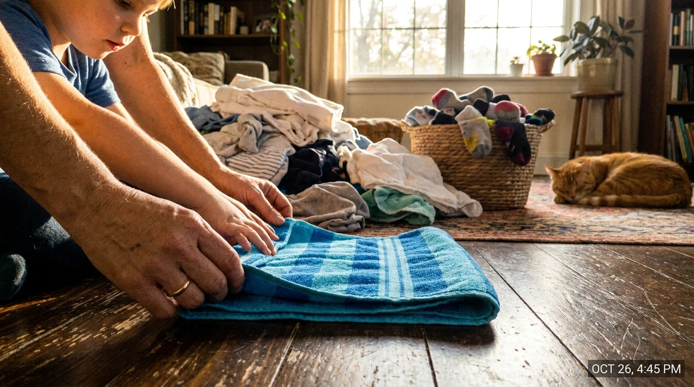 A close-up photo of a mother and son's hands folding laundry together on the floor, symbolizing shared household traditions.