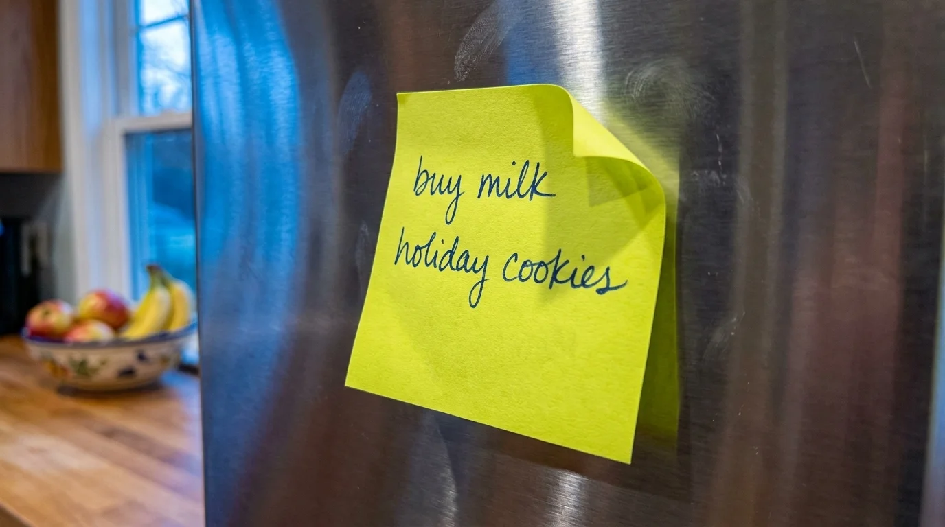 A close-up photo of a yellow sticky note on a refrigerator with the words 'buy milk' and 'holiday cookies' written in cursive.