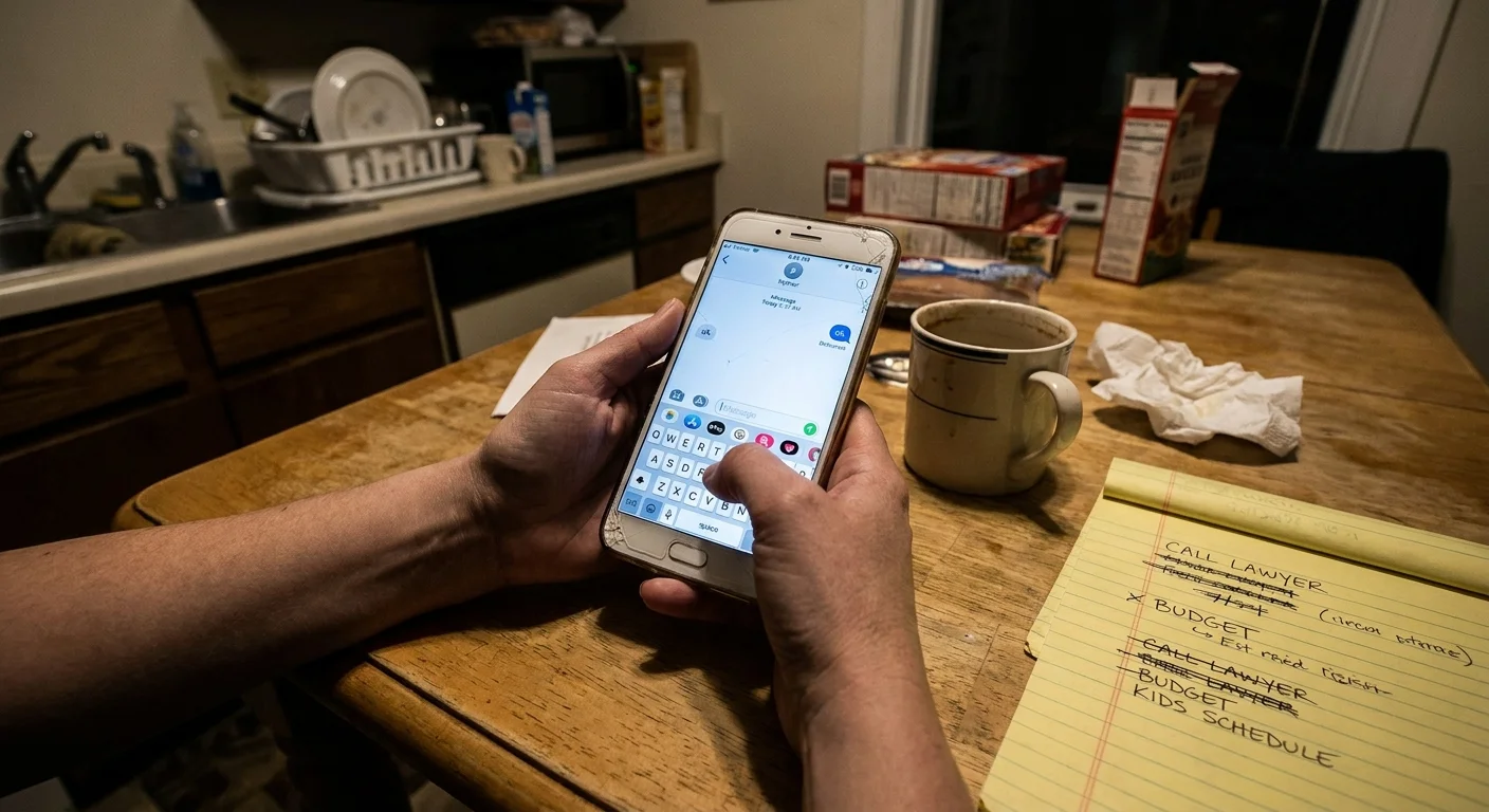 A close-up shot of a woman's hands holding a phone with a dismissive text message, capturing a moment of doubt.