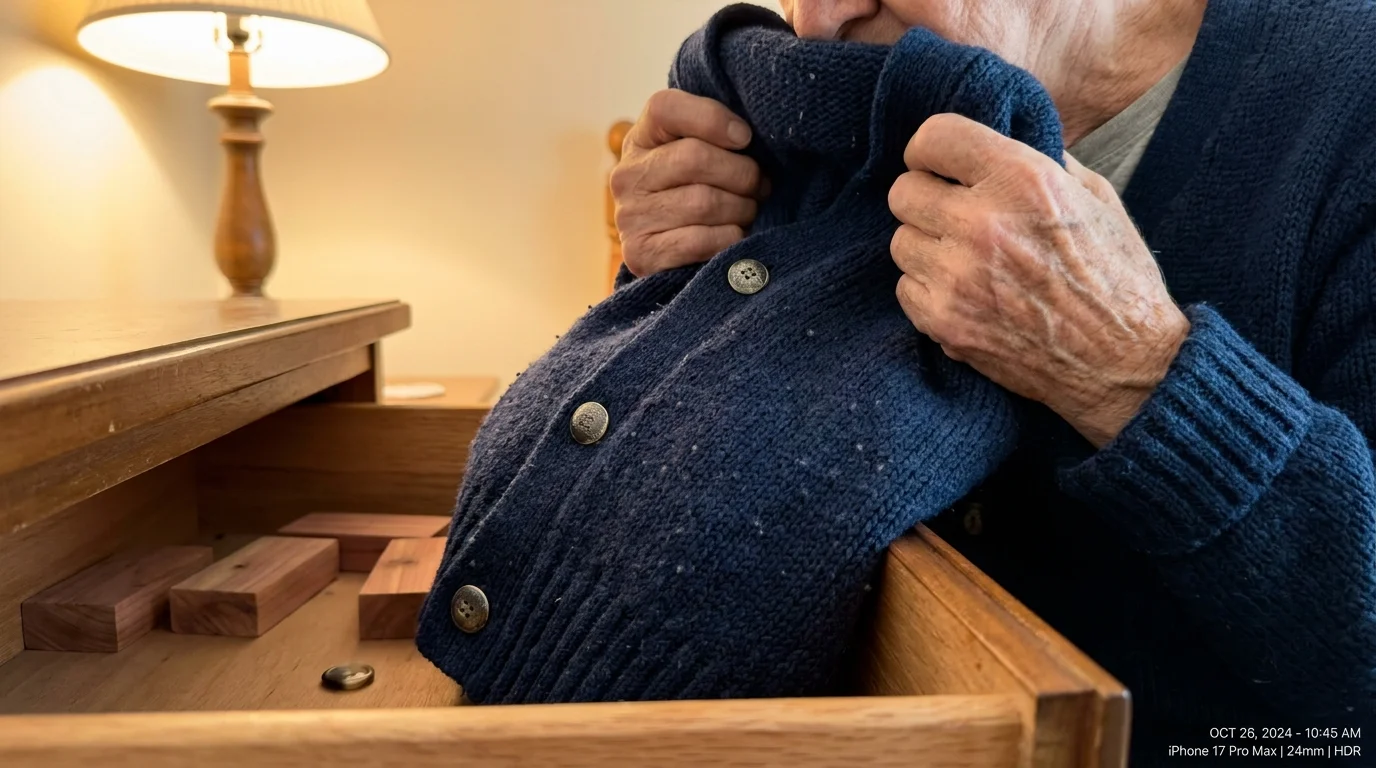 A close-up shot of hands lifting a navy wool sweater from a dresser drawer in warm, domestic lighting.
