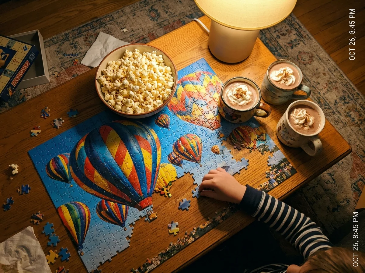 A coffee table with a jigsaw puzzle, cocoa, and popcorn, showing a new, chosen family ritual in a cozy home.