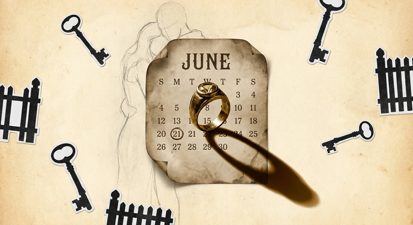 A collage showing a gold wedding ring on a calendar, with a faded, ghost-like figure in the background.