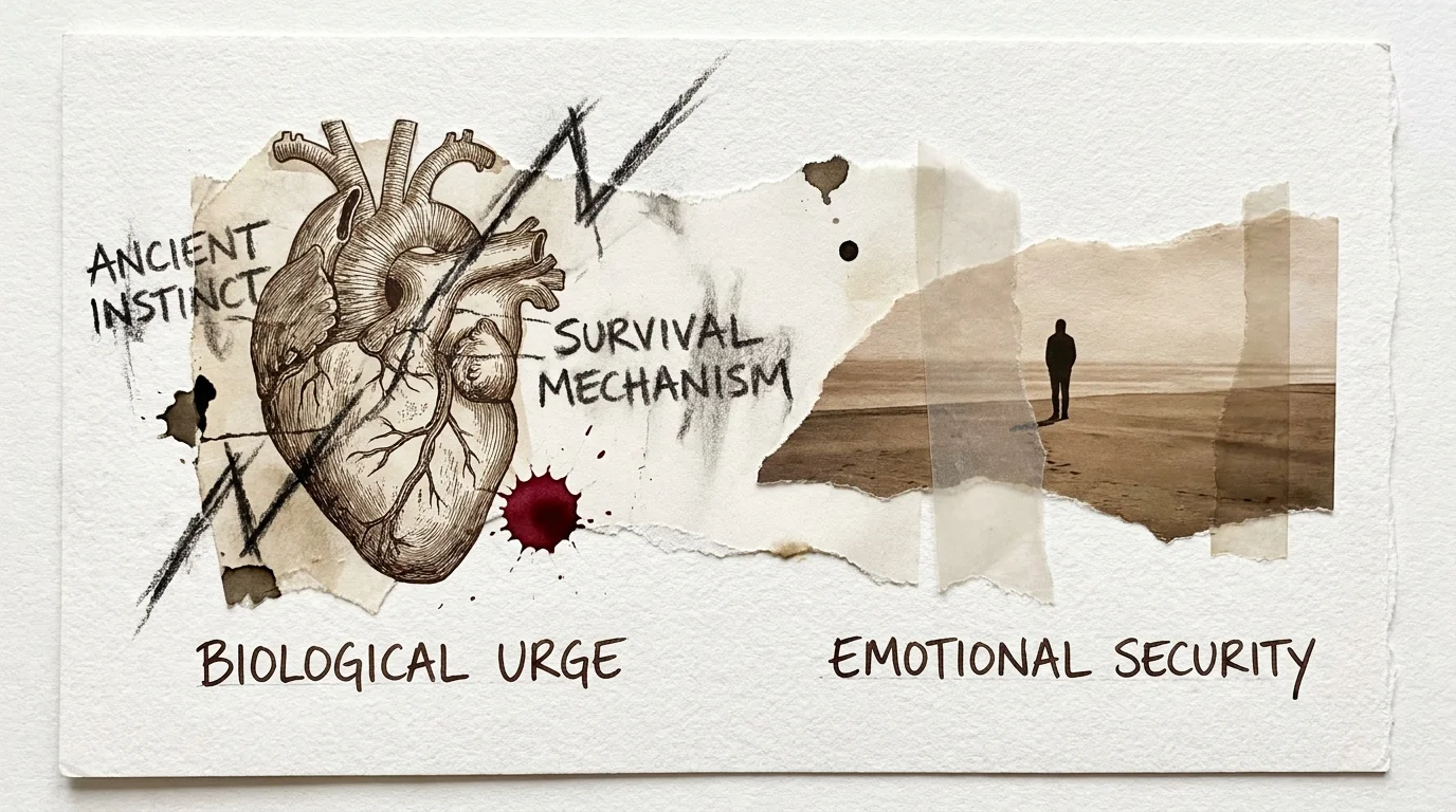 A collage showing a heart intertwined with charcoal lines and labels for biological urge and emotional security.