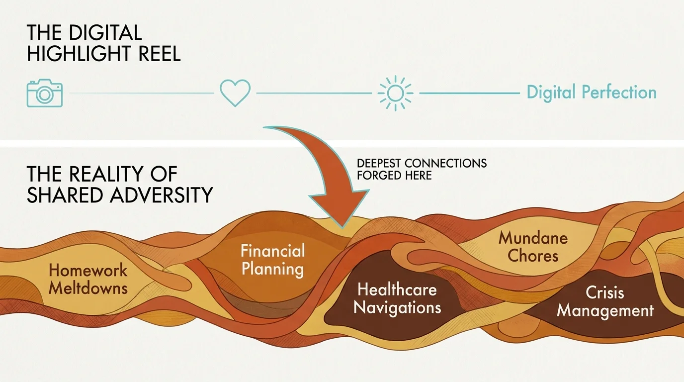 A comparative diagram showing that deep family connections are forged in adversity rather than digital perfection.