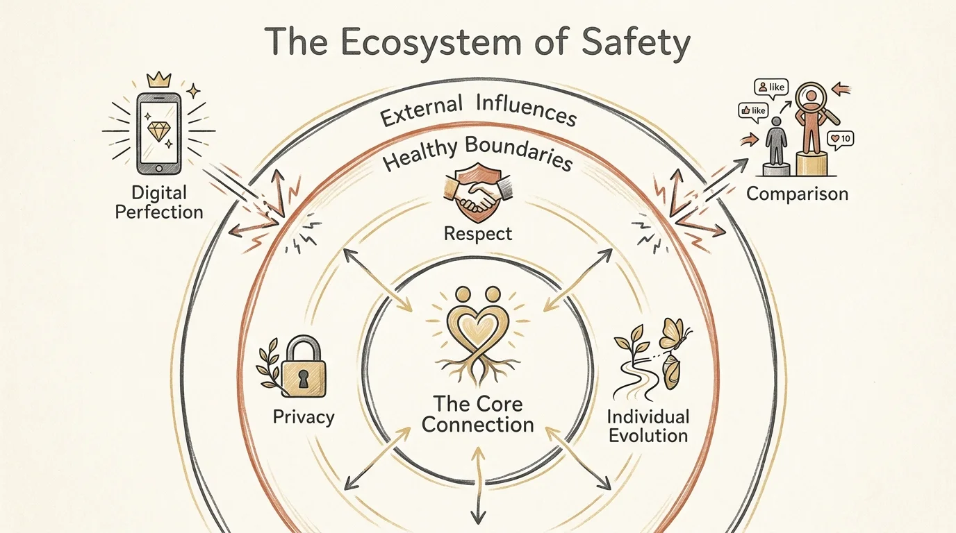 A concentric circle diagram showing how healthy boundaries protect the core family connection from external pressures.
