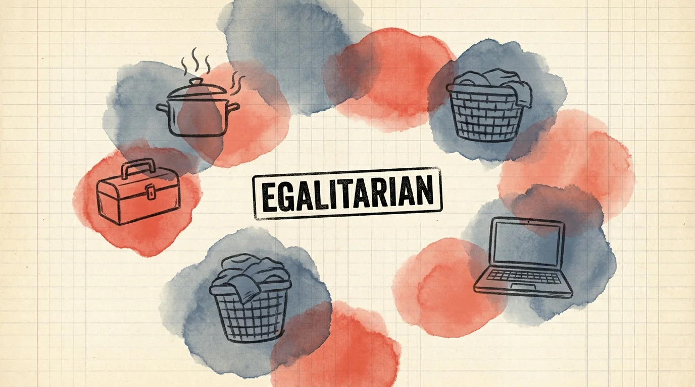 A conceptual collage of household icons like a cooking pot and toolbox with overlapping colors, representing the end of rigid gender roles.