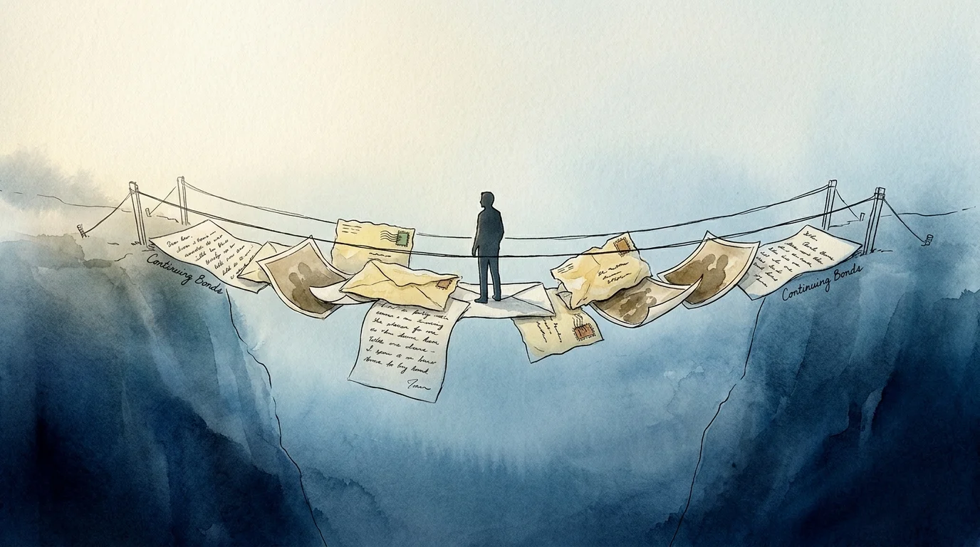 A conceptual watercolor of a bridge made of old letters spanning a wide misty gap, illustrating the connection between the living and the de