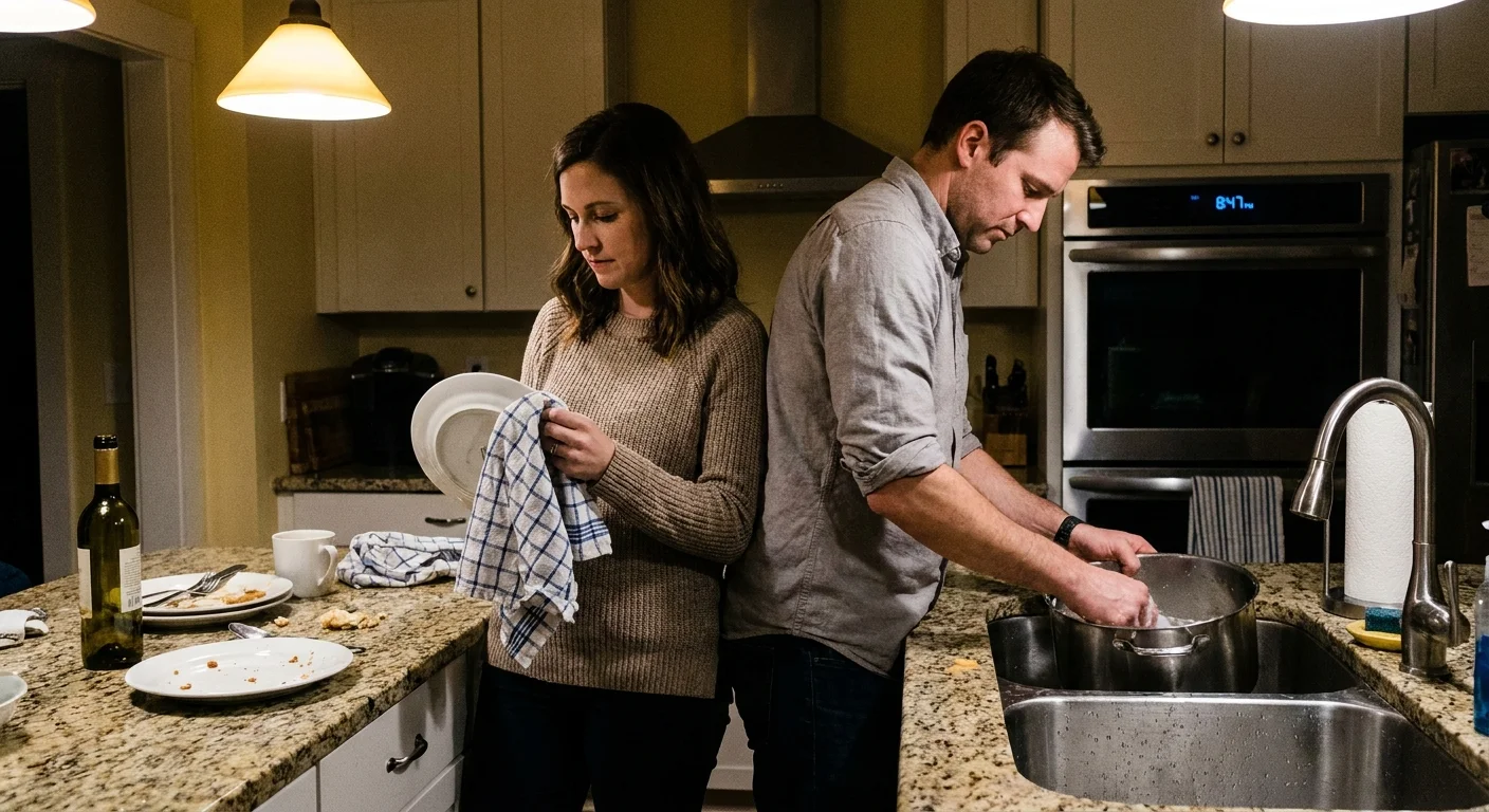 A couple washing dishes together in a messy kitchen after an argument, showing physical closeness and repair.