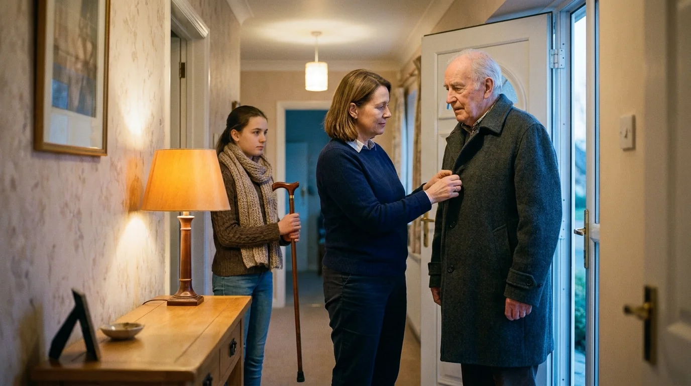 A daughter calmly helping her elderly father with his coat as they prepare to leave, showing a smooth family transition.