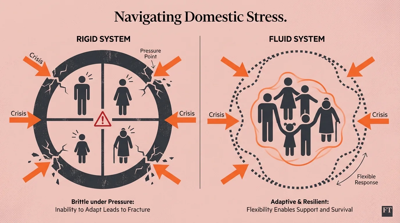 A diagram comparing a rigid family system that cracks under stress to a fluid system that bends and adapts.