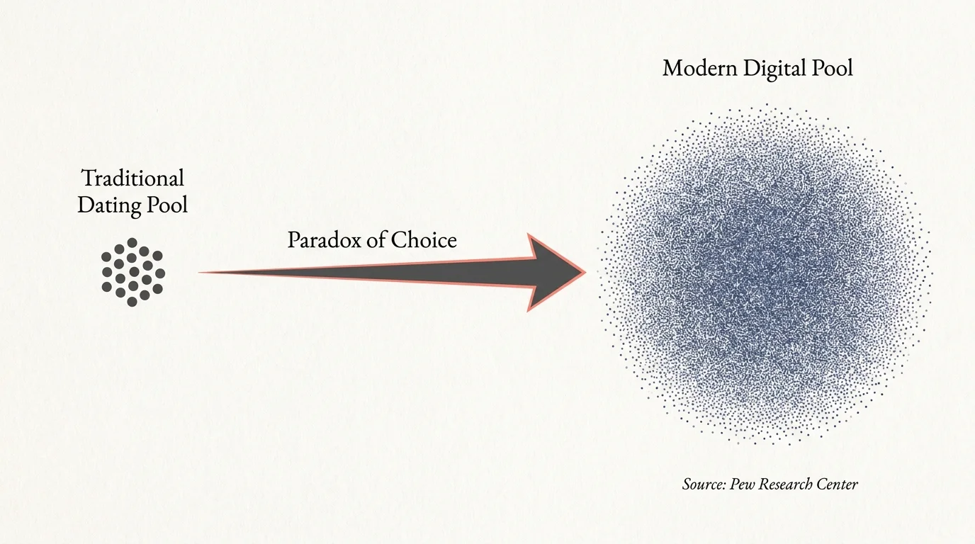 A diagram comparing a small traditional dating pool to a massive modern digital pool, illustrating the paradox of choice.