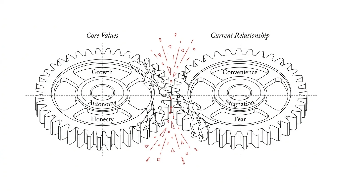 A diagram of two gears labeled 'Core Values' and 'Current Relationship' clashing and failing to turn together.