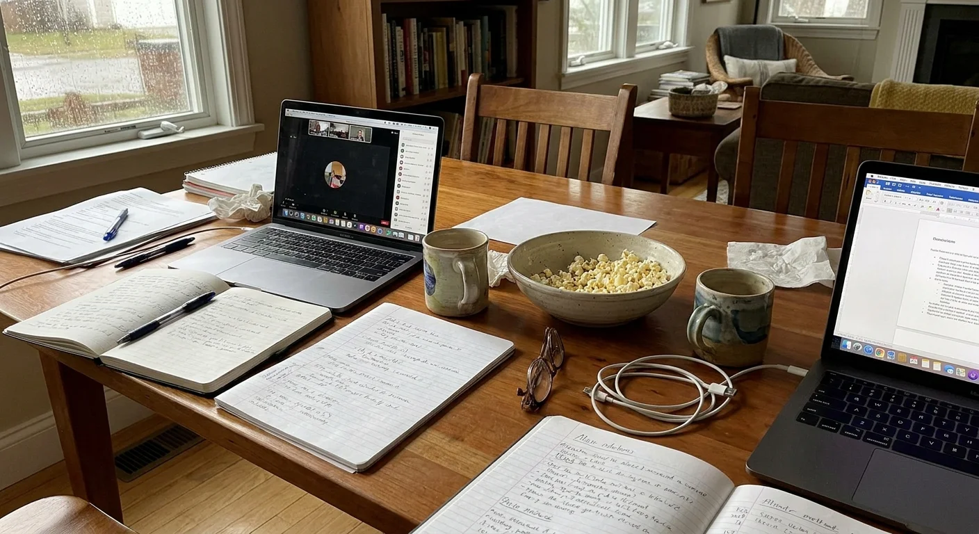 A dining table with two laptops and coffee mugs, showing a casual co-working setup.