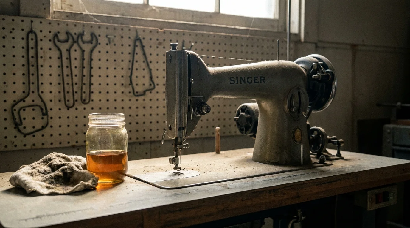 A dramatic photo of a set of worn woodworking tools on a dusty workbench in a garage with sharp window lighting.
