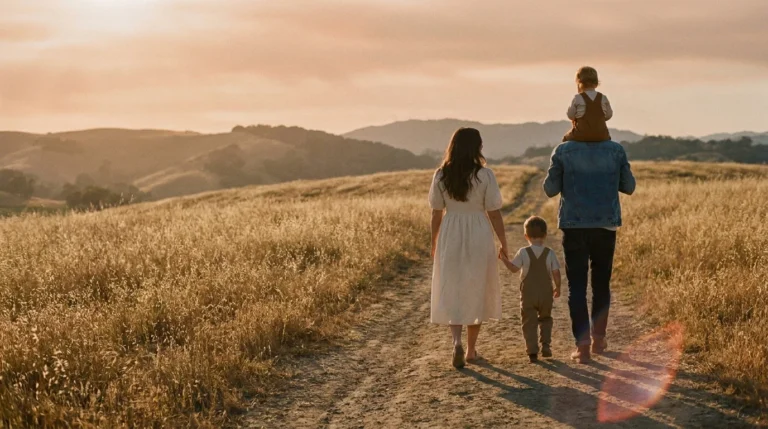 A family of four walks down a sun-drenched path in a meadow at sunset, captured in a warm, nostalgic film aesthetic.