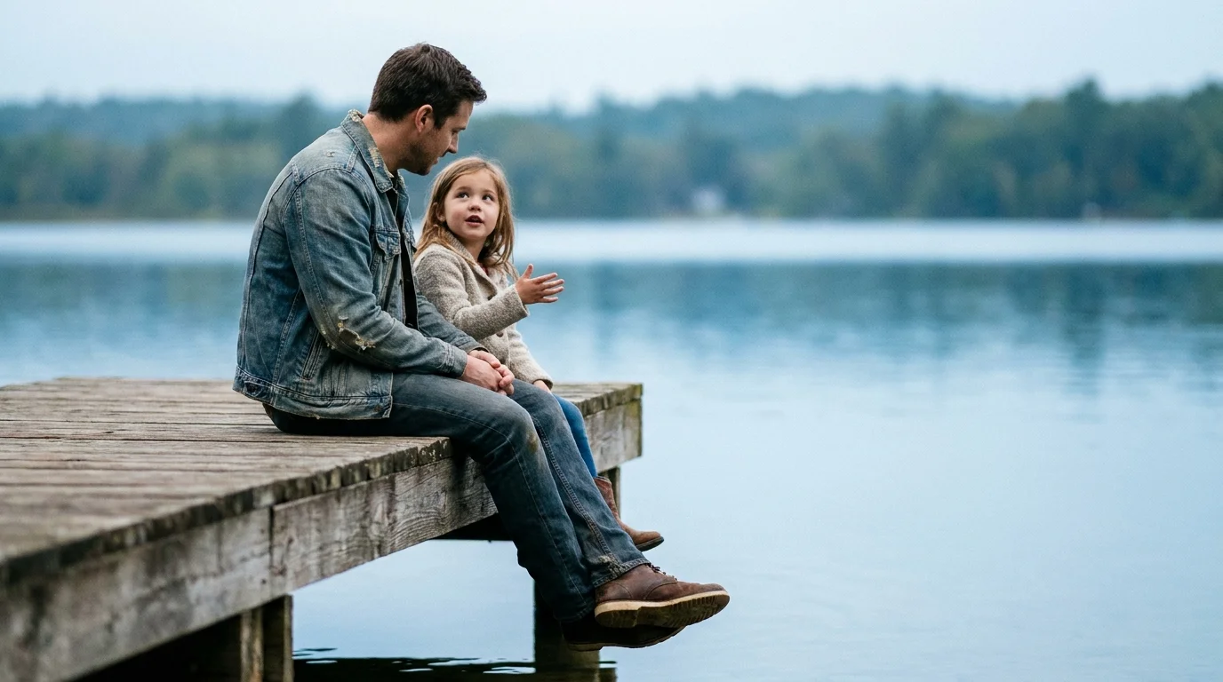 A father and daughter sitting on a wooden dock together, sharing a quiet moment of individual attention.