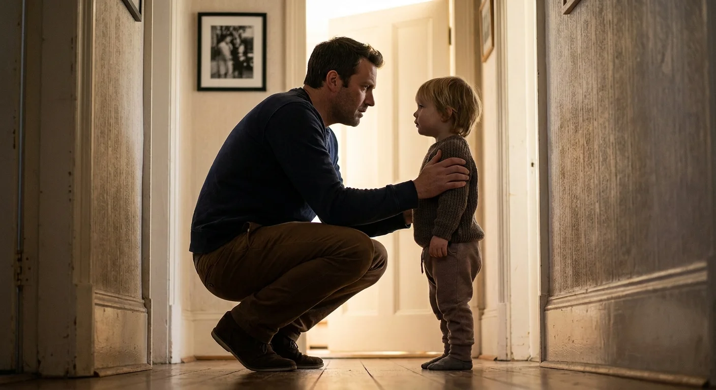 A father crouching down to talk at eye-level with his child in a hallway, showing a respectful parenting style.