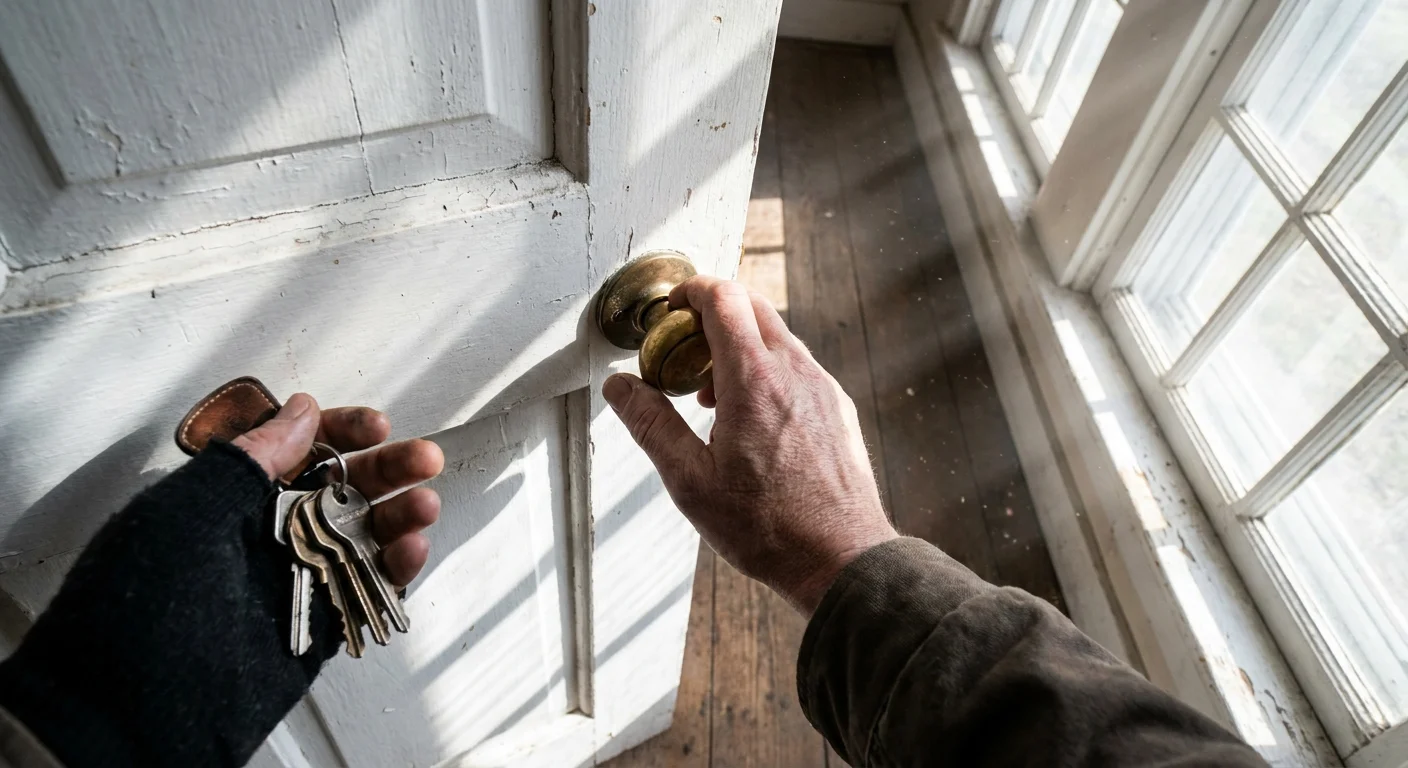 A first-person view of a hand on a doorknob and a hand holding keys, with bright morning light signifying a new beginning.