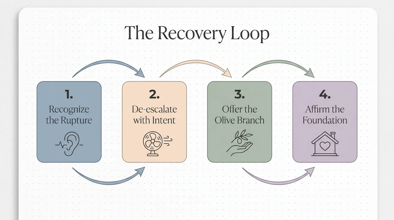 A flowchart showing a four-step 'Recovery Loop' for families to handle conflict and repair bonds.